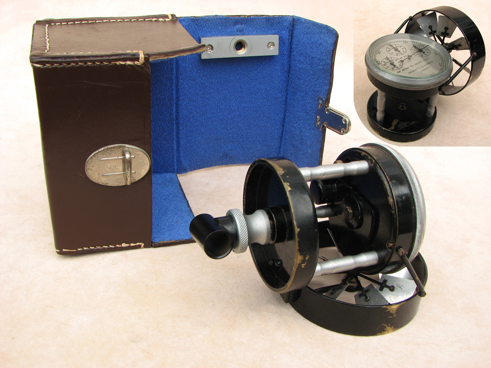 Vintage Negretti & Zambra medium speed Air meter in fitted leather case